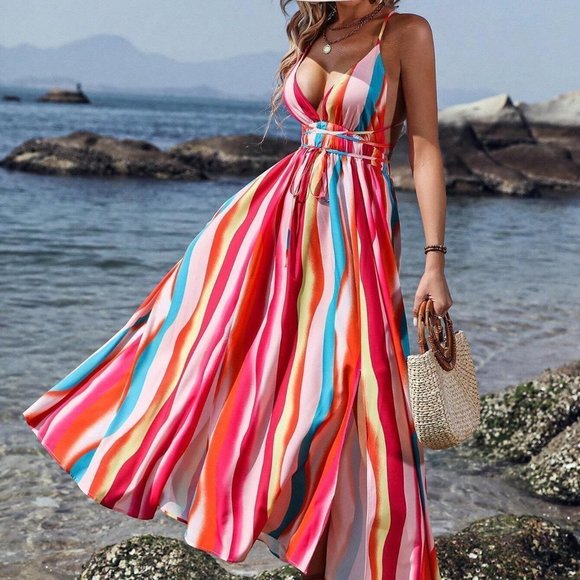 Multicolor Boho Womens Lace Up Backless Split Thigh Cami Dress - Picture 3 of 5